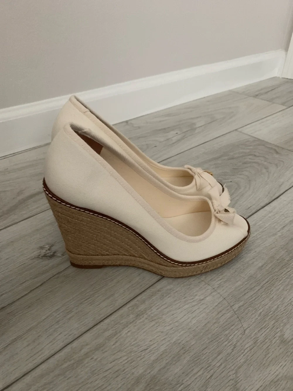 Tory Burch Ivory Canvas Peep-Toe Wedge Espadrilles
